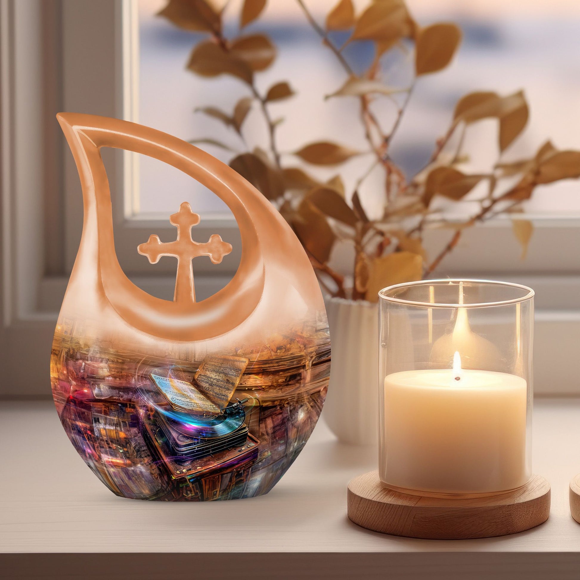 10-inch Gramophone-themed Cross Drop affordable burial urn 