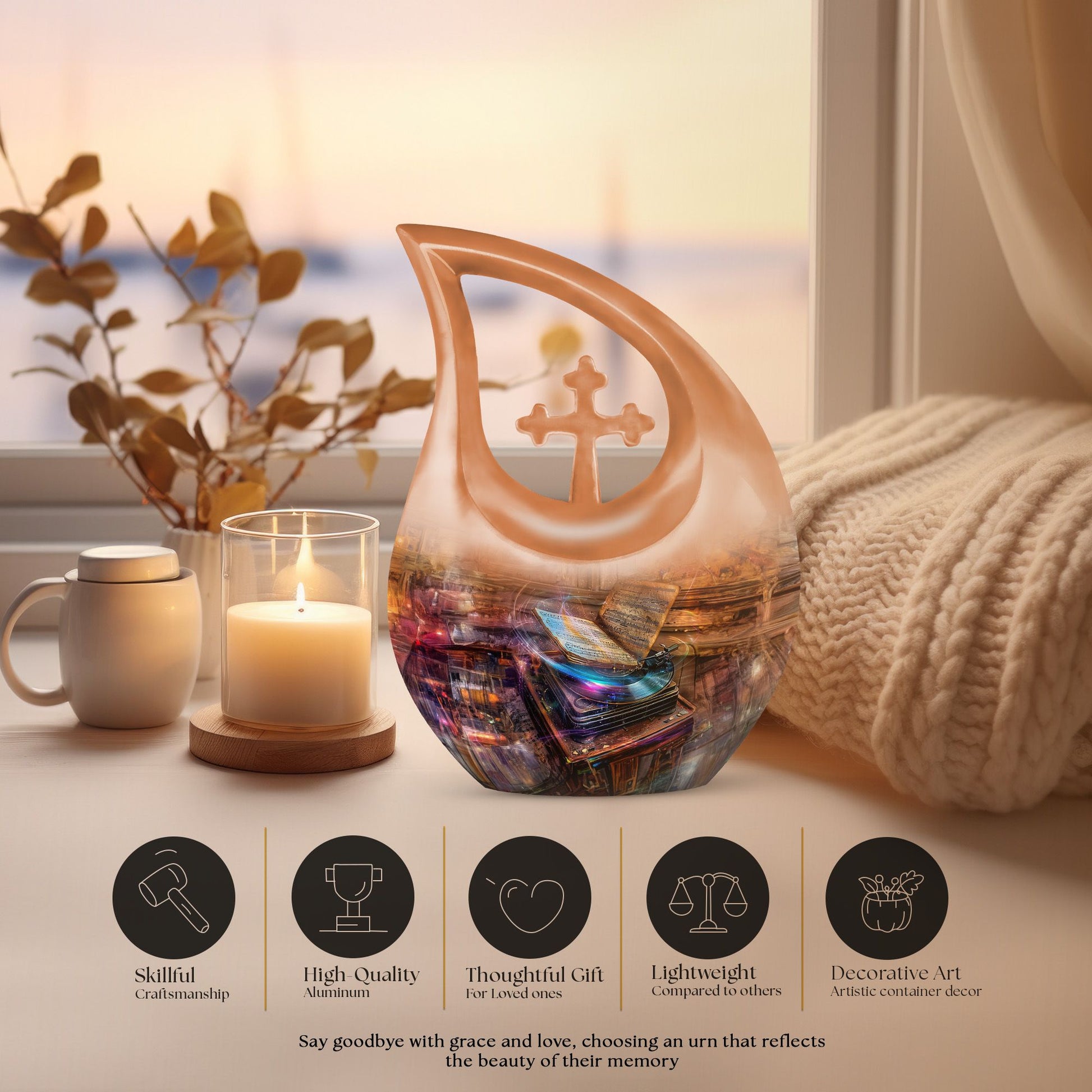 10-inch Gramophone-themed Cross Drop affordable burial urn 