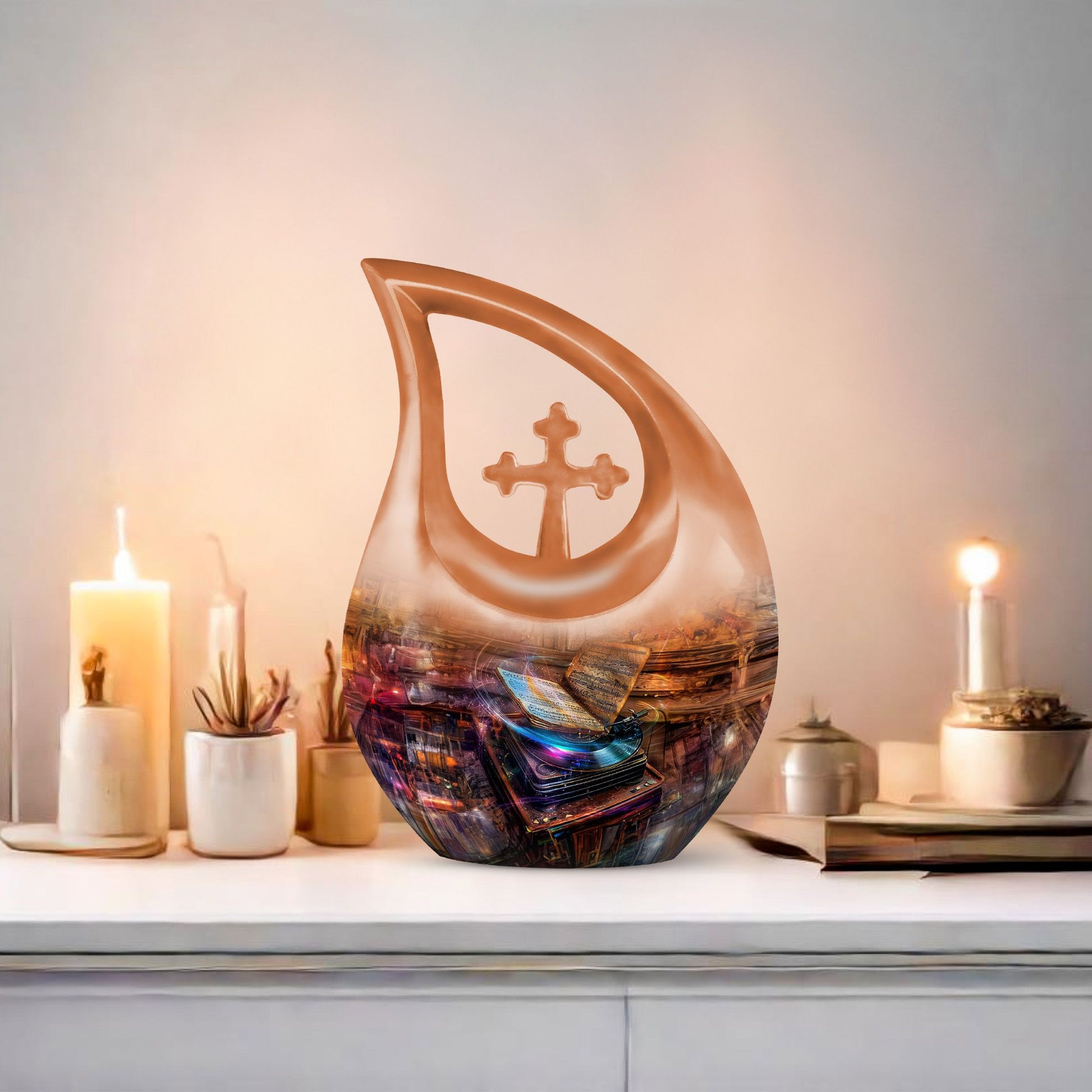 10-inch Gramophone-themed Cross Drop affordable burial urn 