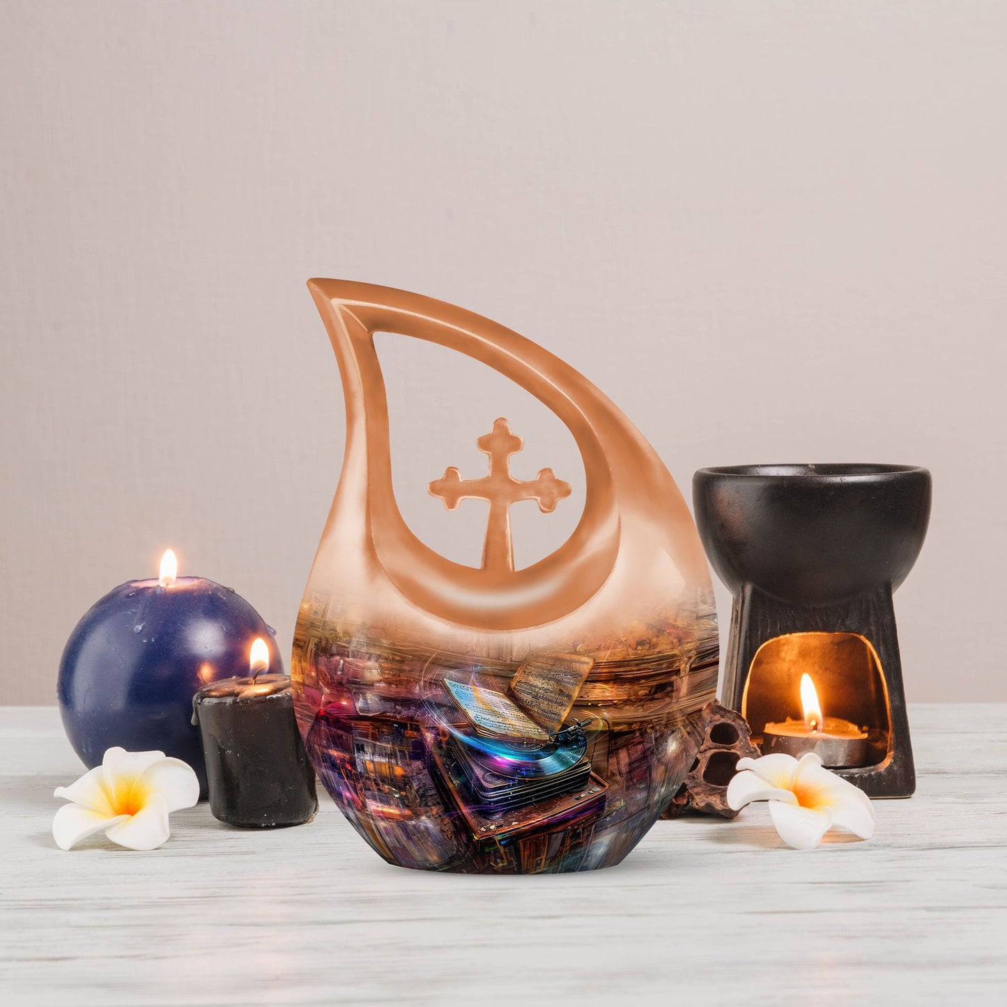 10-inch Gramophone-themed Cross Drop affordable burial urn 