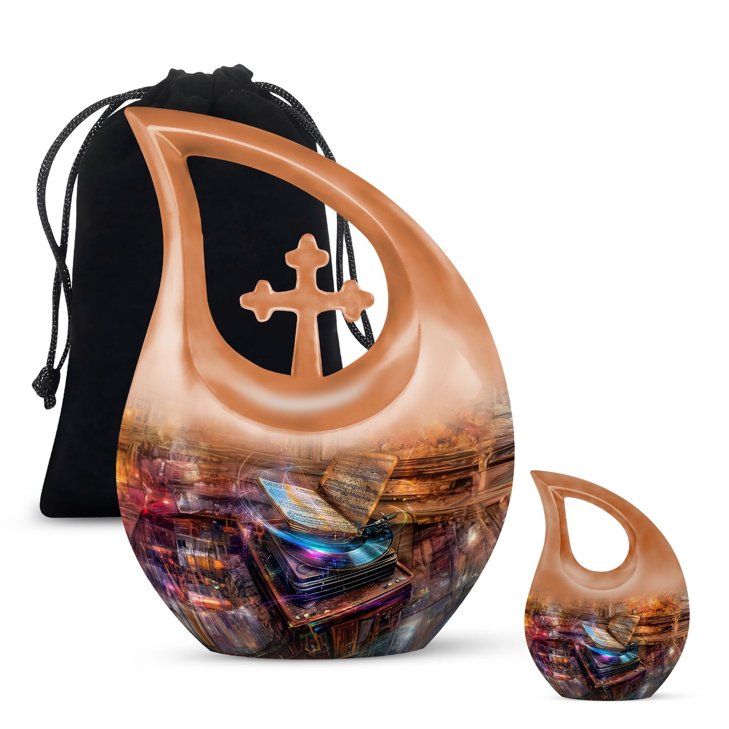 10-inch Gramophone-themed Cross Drop affordable burial urn 