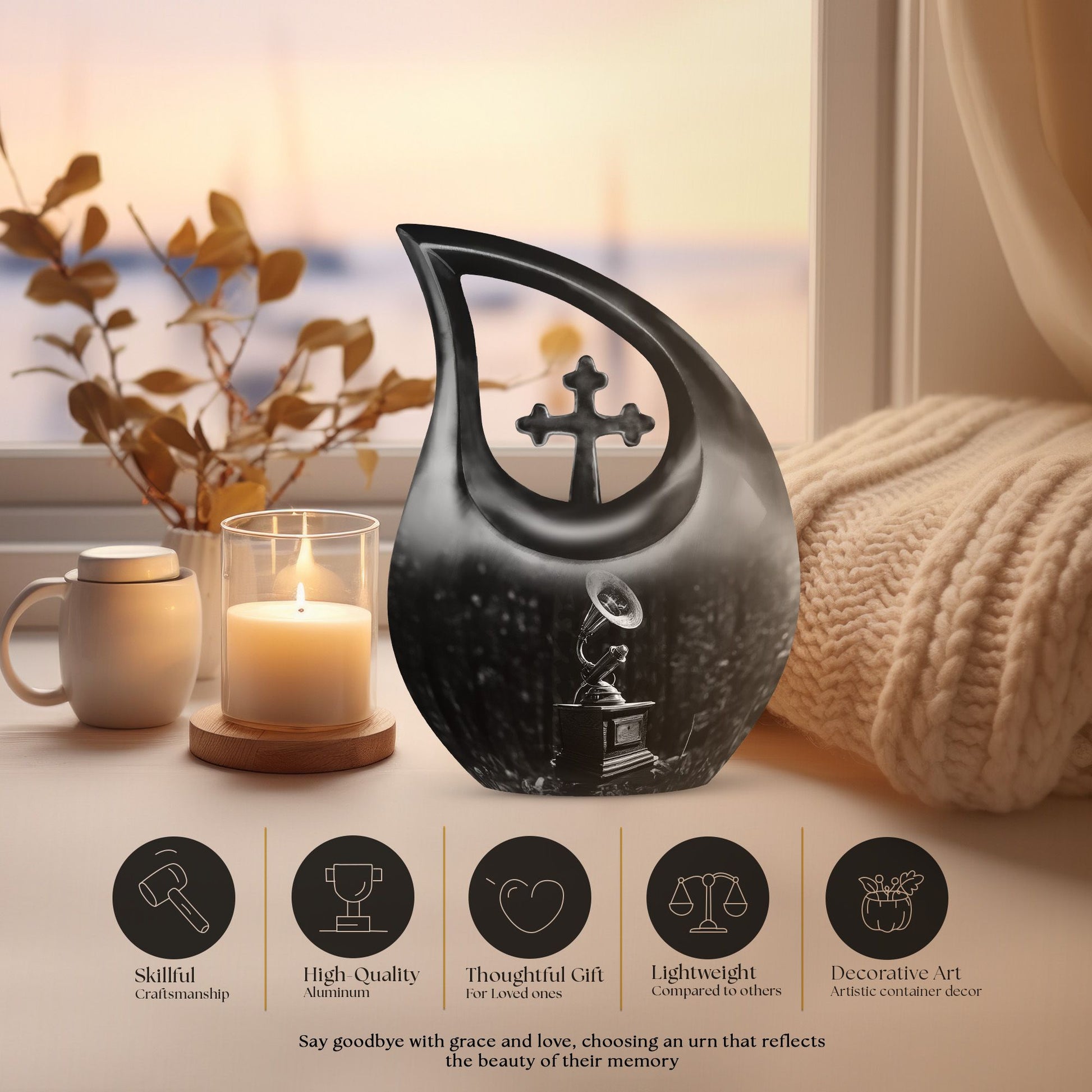 10 inch cross drop Gramophone urn for human ashes 