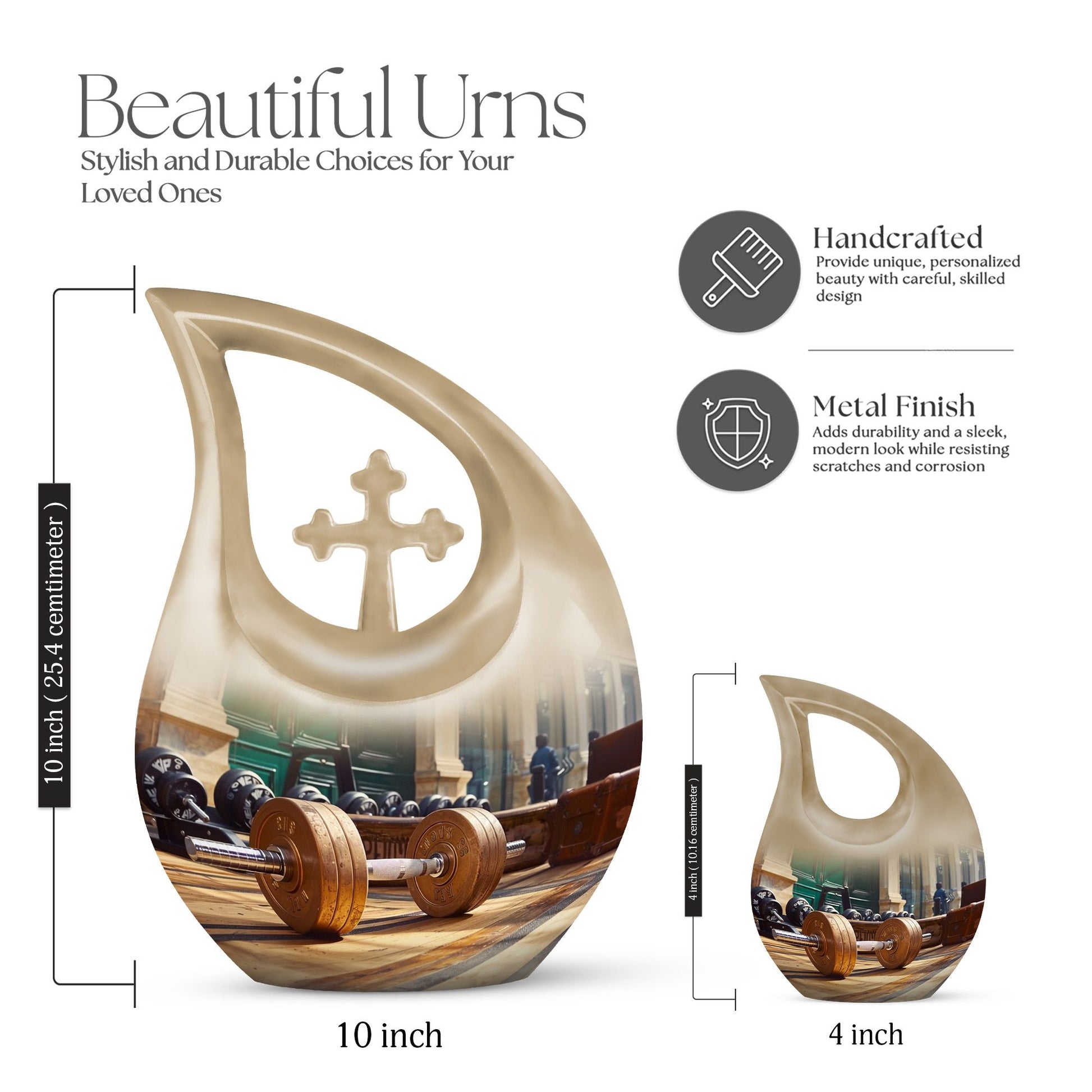 10 inch Dumbles Urn with Cross Drop design, ideal for Cremation ashes storage