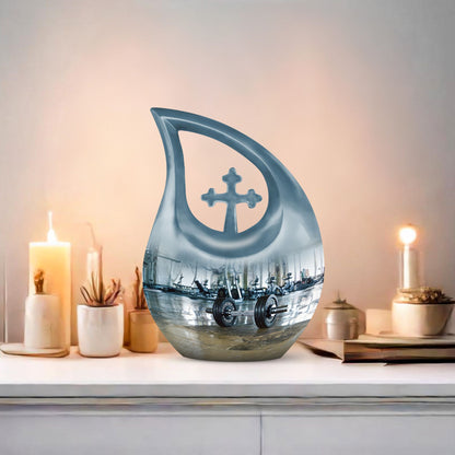 10-inch Dumbles Urn, Cross Drop design, affordable cremation and memorial urn
