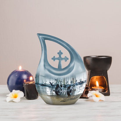 10-inch Dumbles Urn, Cross Drop design, affordable cremation and memorial urn