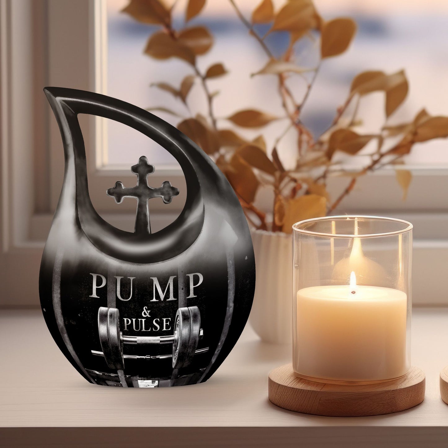 Large 10-inch Dumbles Urn with Cross Drop design, 