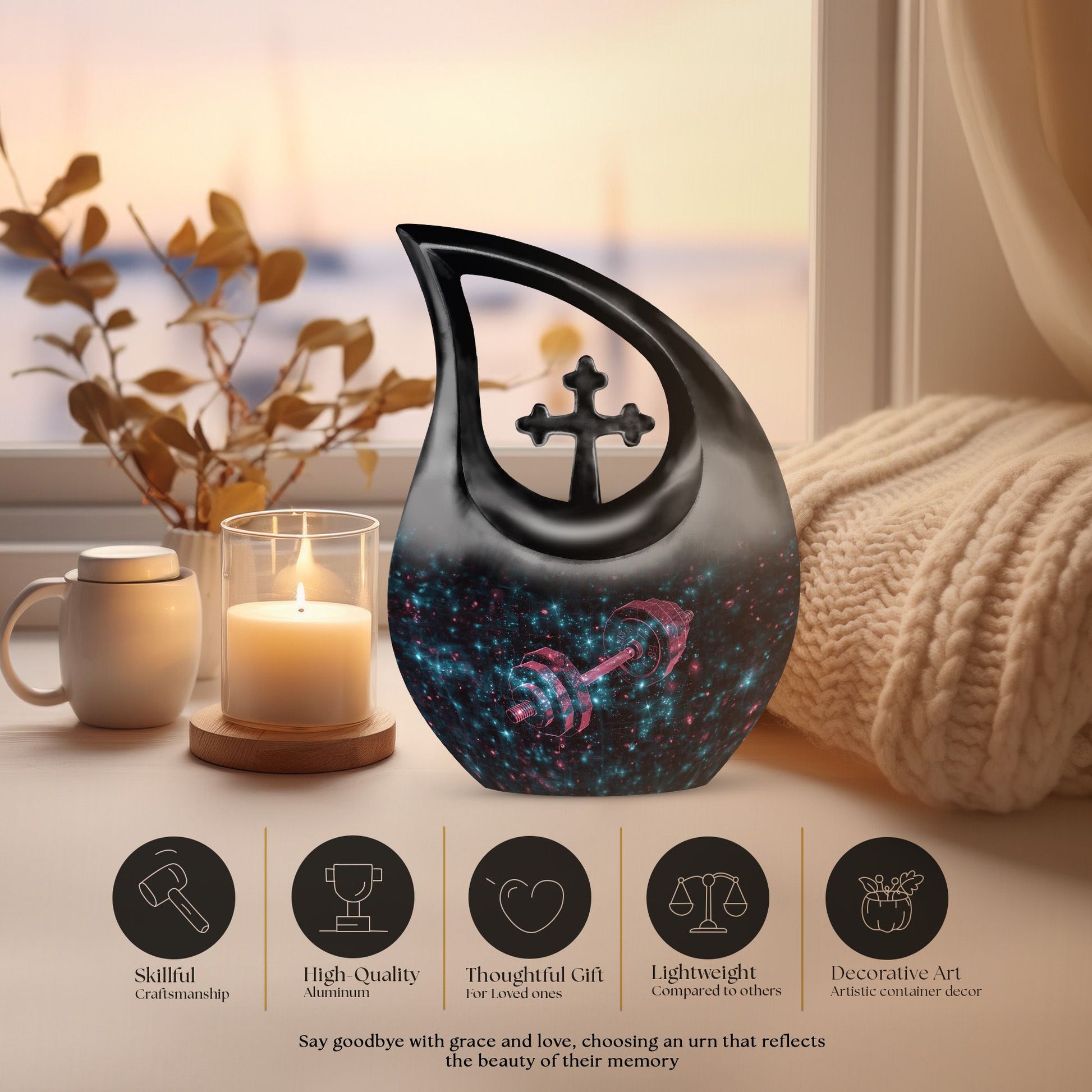 Dumbles urn in Aluminium with Cross Drop 