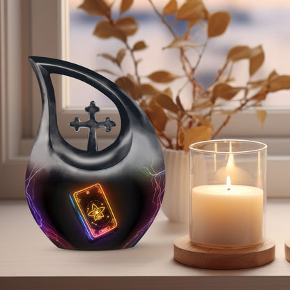 10-inch Tarot-themed Cross Drop Urn, engraved funeral 