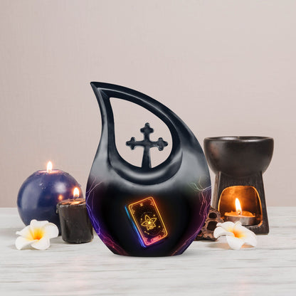 10-inch Tarot-themed Cross Drop Urn, engraved funeral 