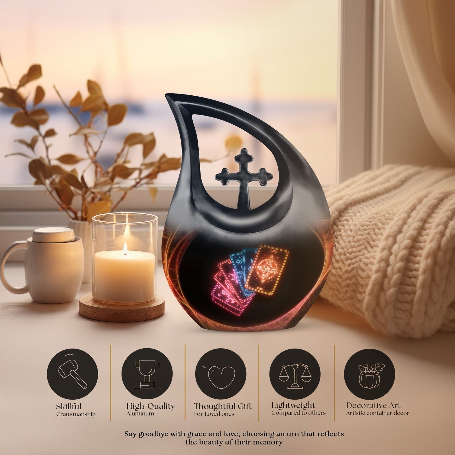 10-inch Tarot Urn with Cross Drop design, perfect Funeral 