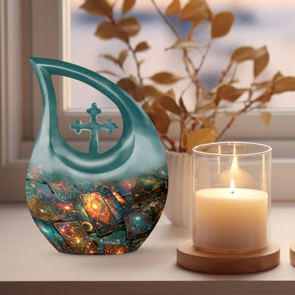 Cross Drop Aluminium Tarot Urn, memorial urn for human ashes with custom engraving