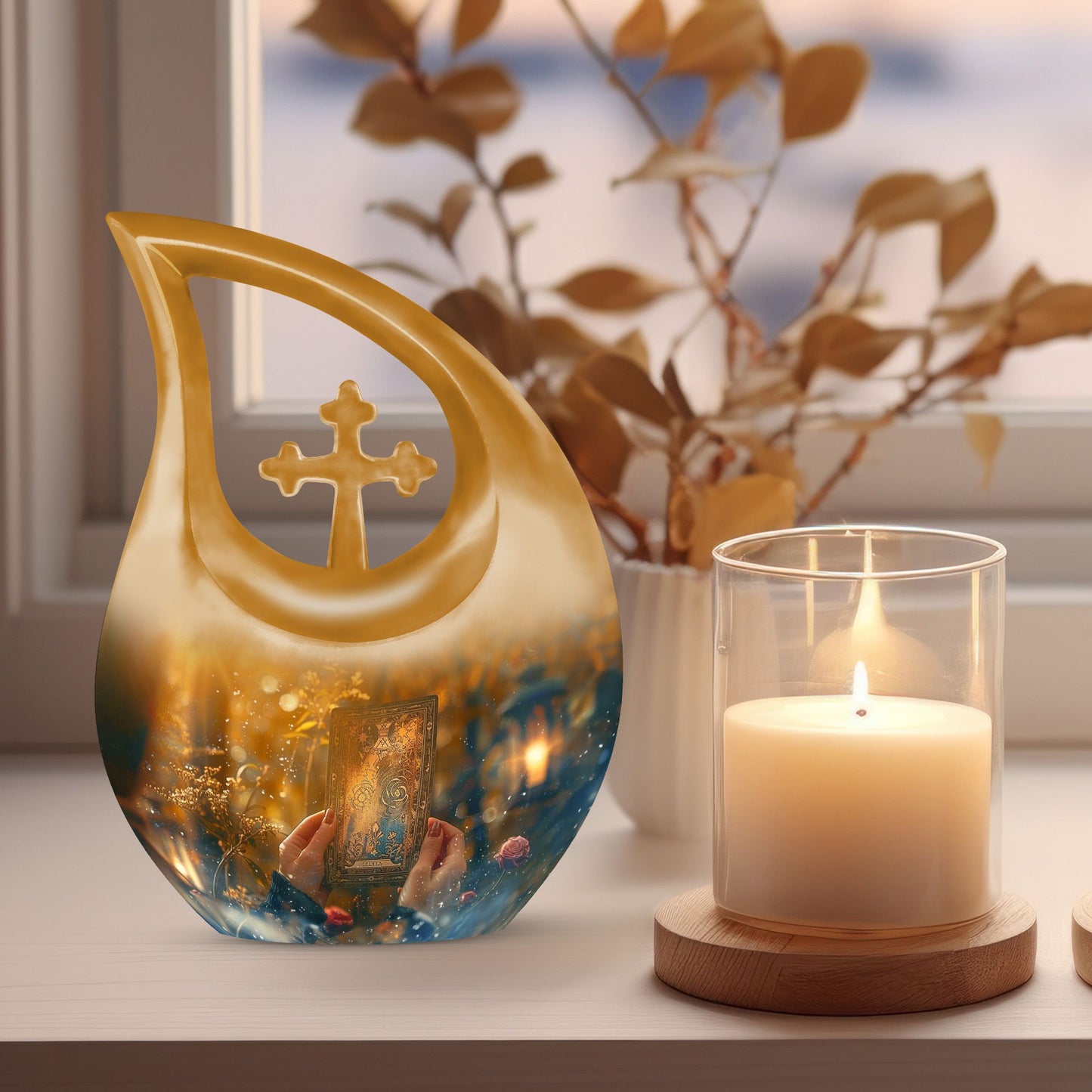Large Tarot Urn, Cross Drop design for cremated 
