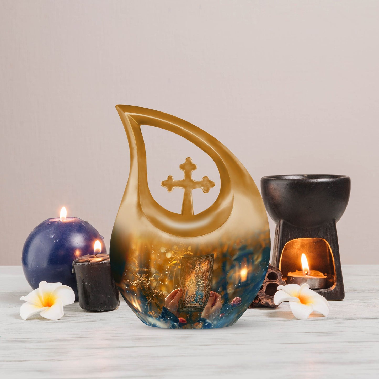 Large Tarot Urn, Cross Drop design for cremated 