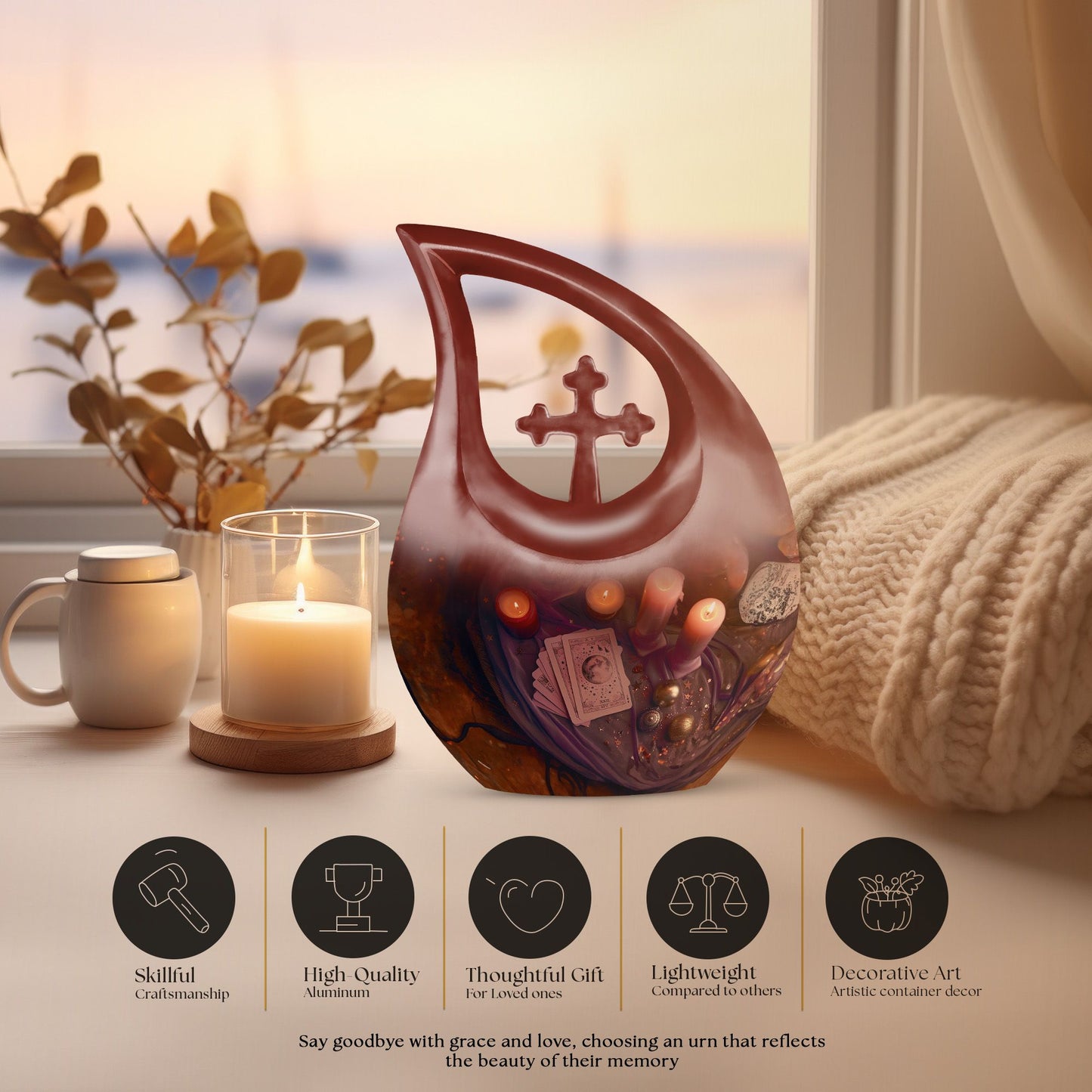 10-inch Tarot Urn in Cross Drop Design for Angel's Ashes, 