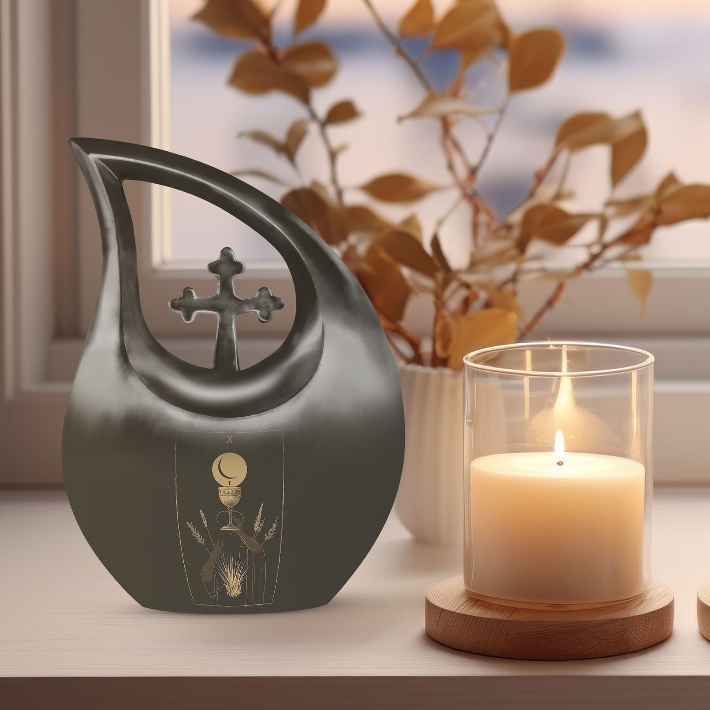 10 inch Tarot Urn with Cross Drop Design, Comes 