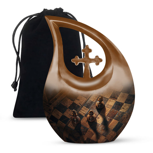 Chess-themed 10 inch Cross Drop Funeral Urn,
