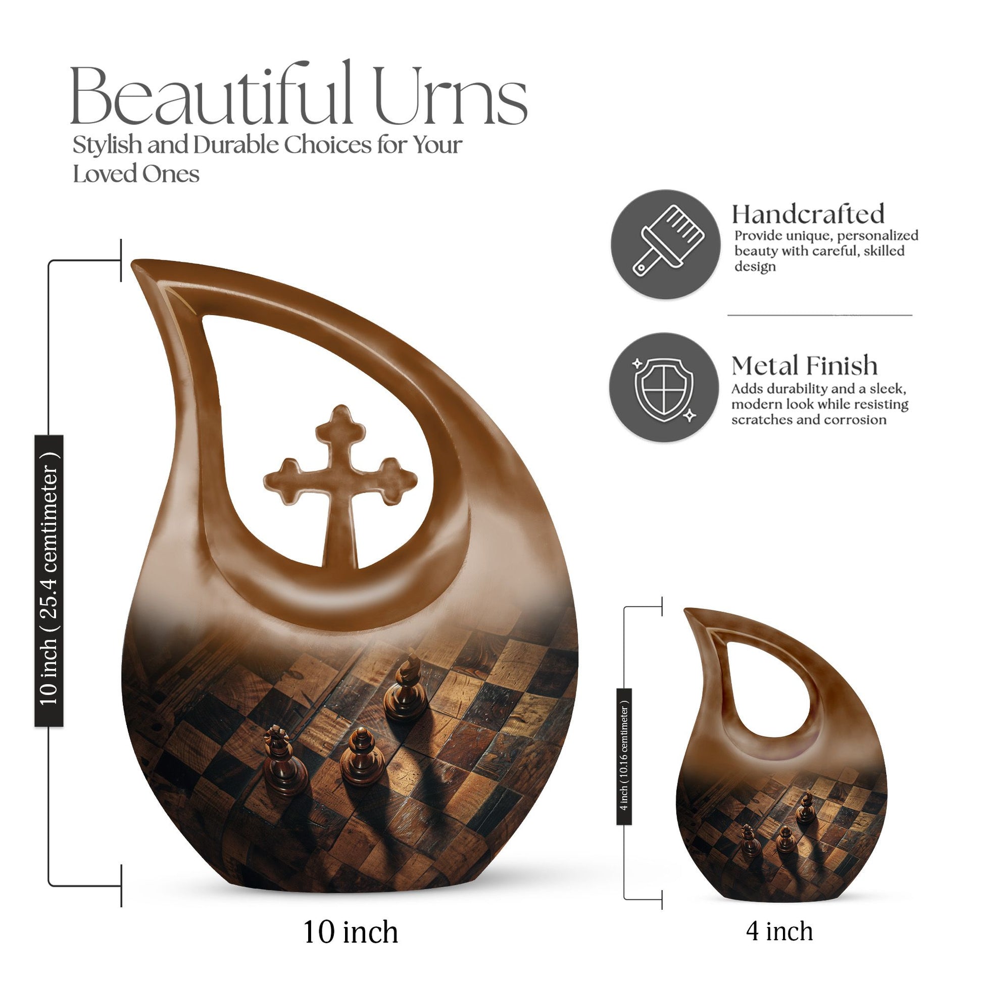 Chess-themed 10 inch Cross Drop Funeral Urn,