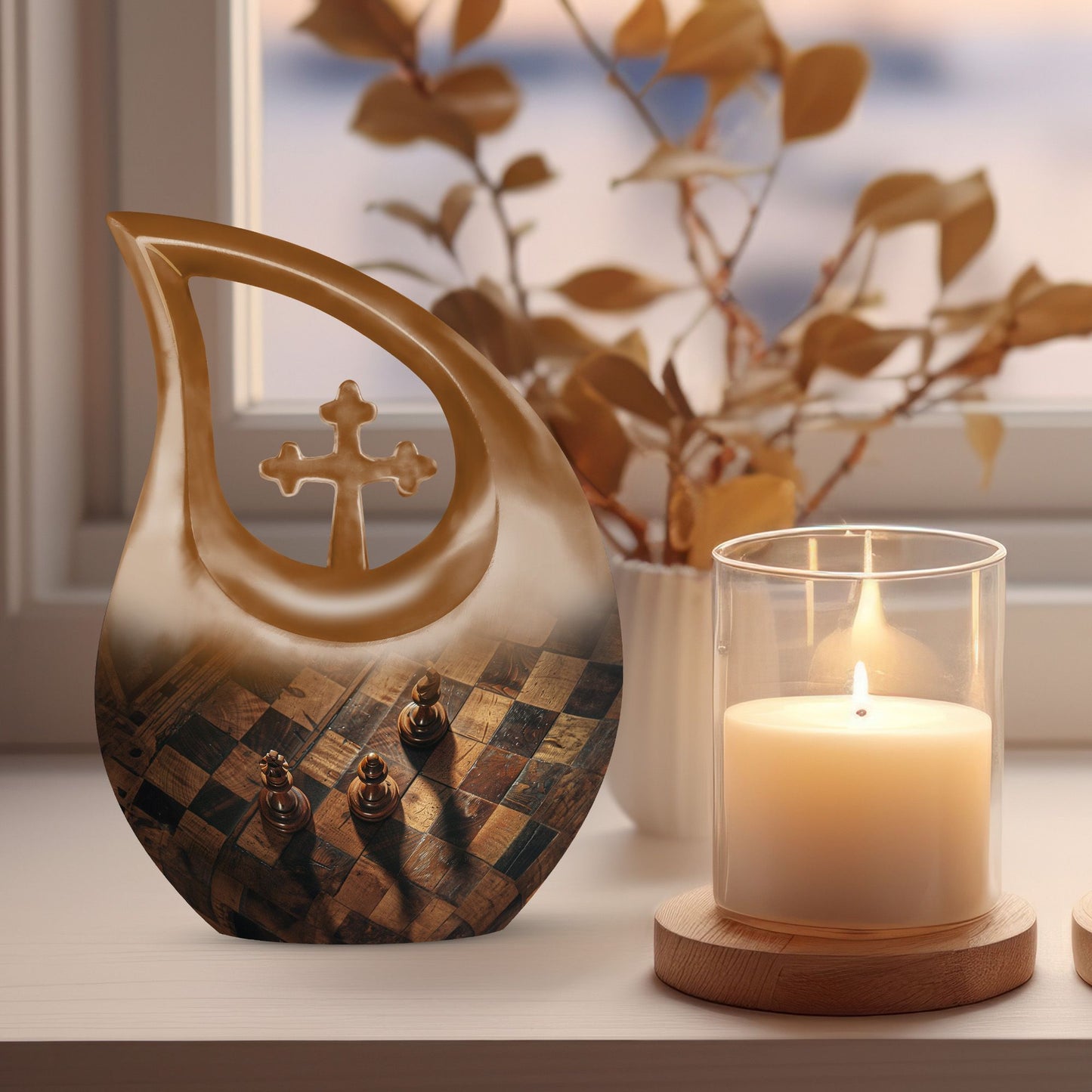 Chess-themed 10 inch Cross Drop Funeral Urn,