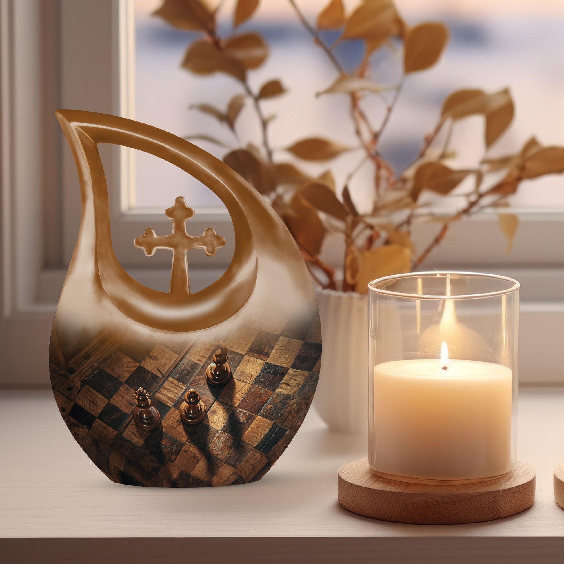 Chess-themed 10 inch Cross Drop Funeral Urn,
