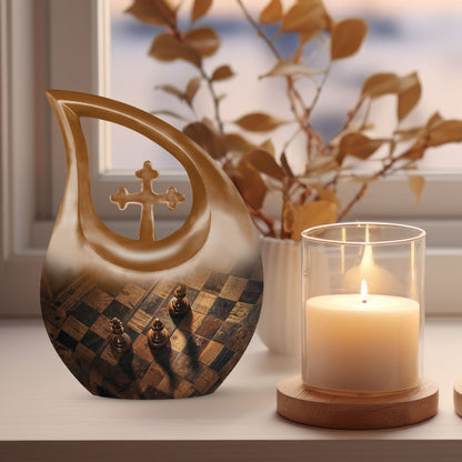 Chess-themed 10 inch Cross Drop Funeral Urn,