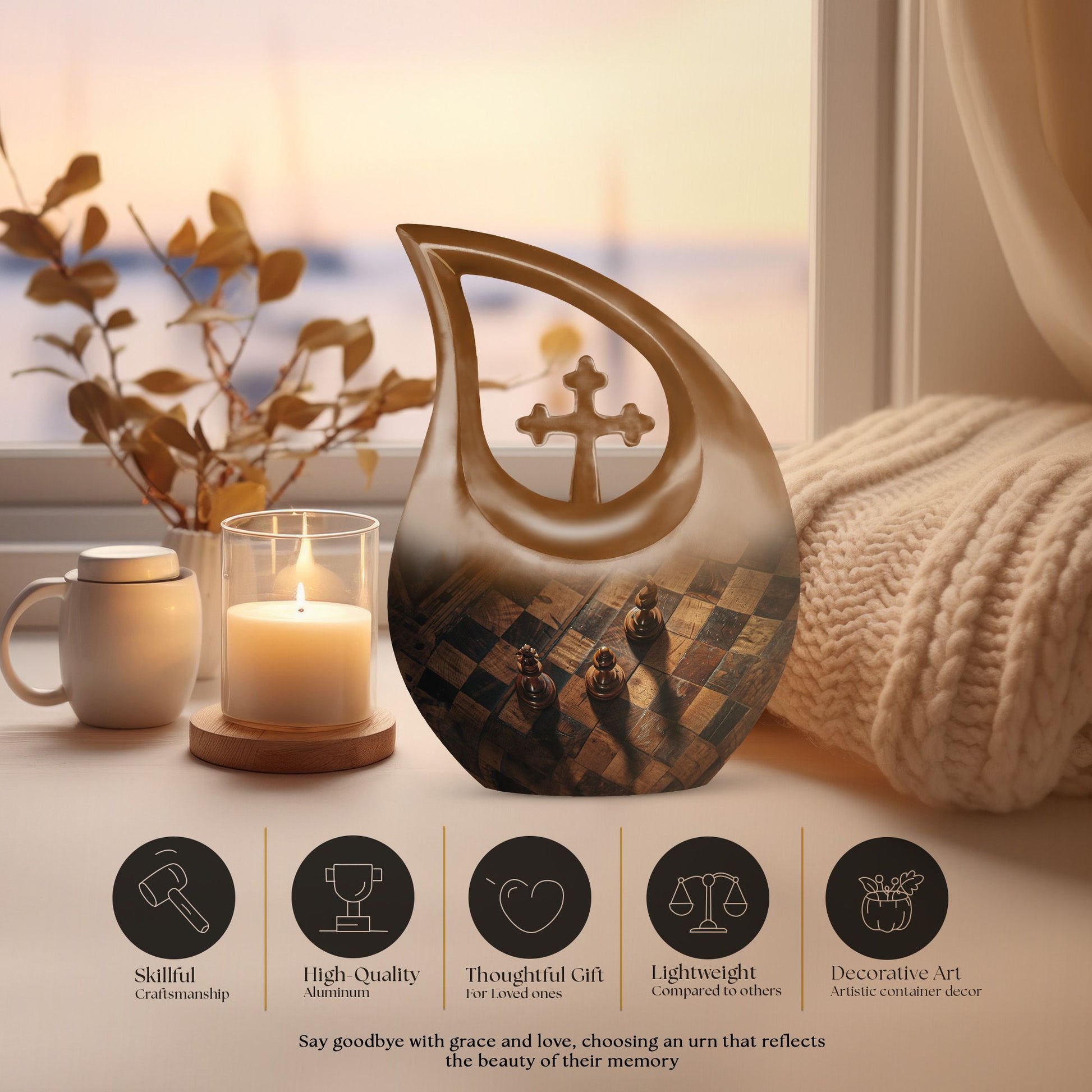 Chess-themed 10 inch Cross Drop Funeral Urn,