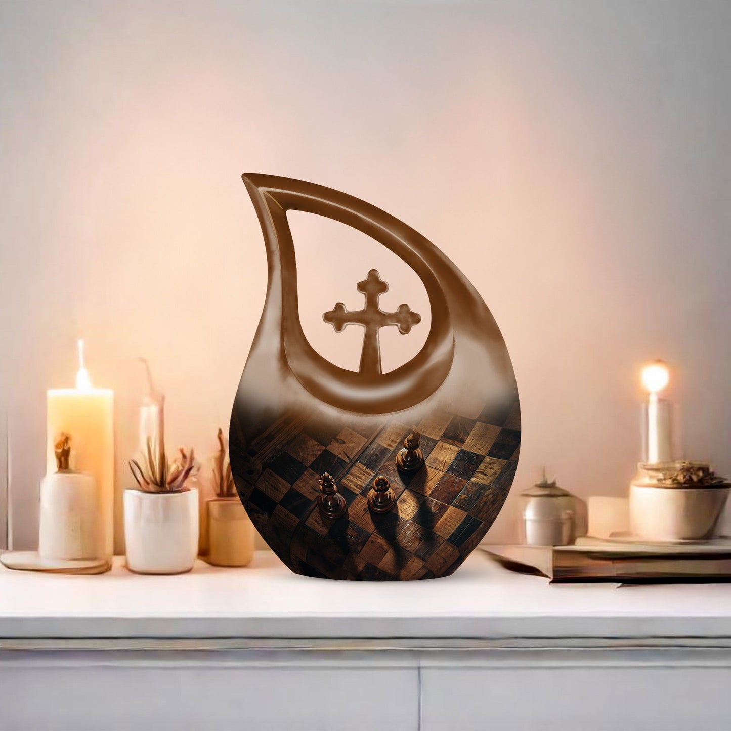 Chess-themed 10 inch Cross Drop Funeral Urn,