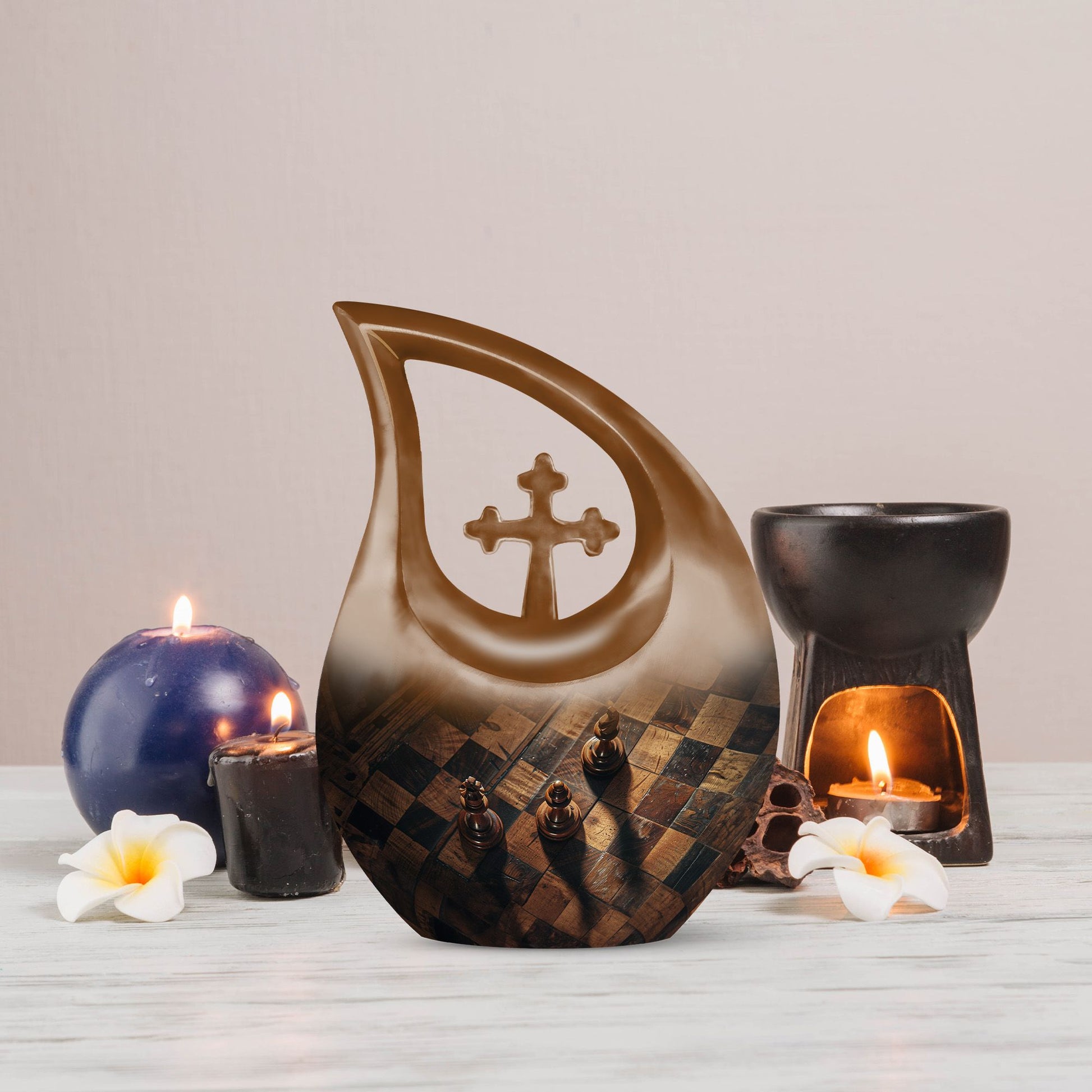 Chess-themed 10 inch Cross Drop Funeral Urn,