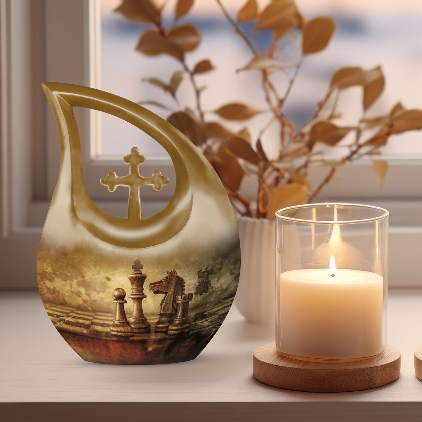 10-inch Chess themed Cross Drop cremation urn