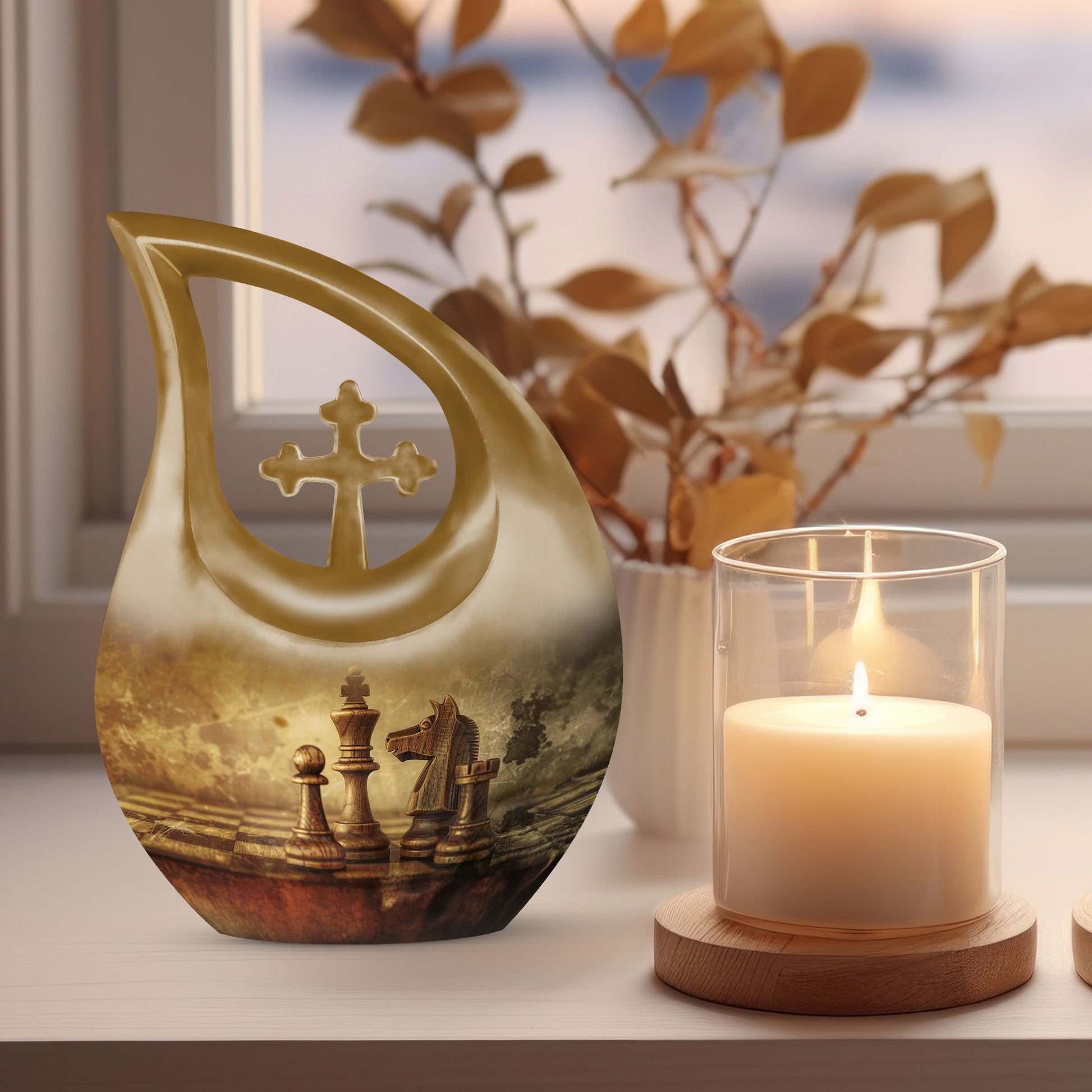 10-inch Chess themed Cross Drop cremation urn