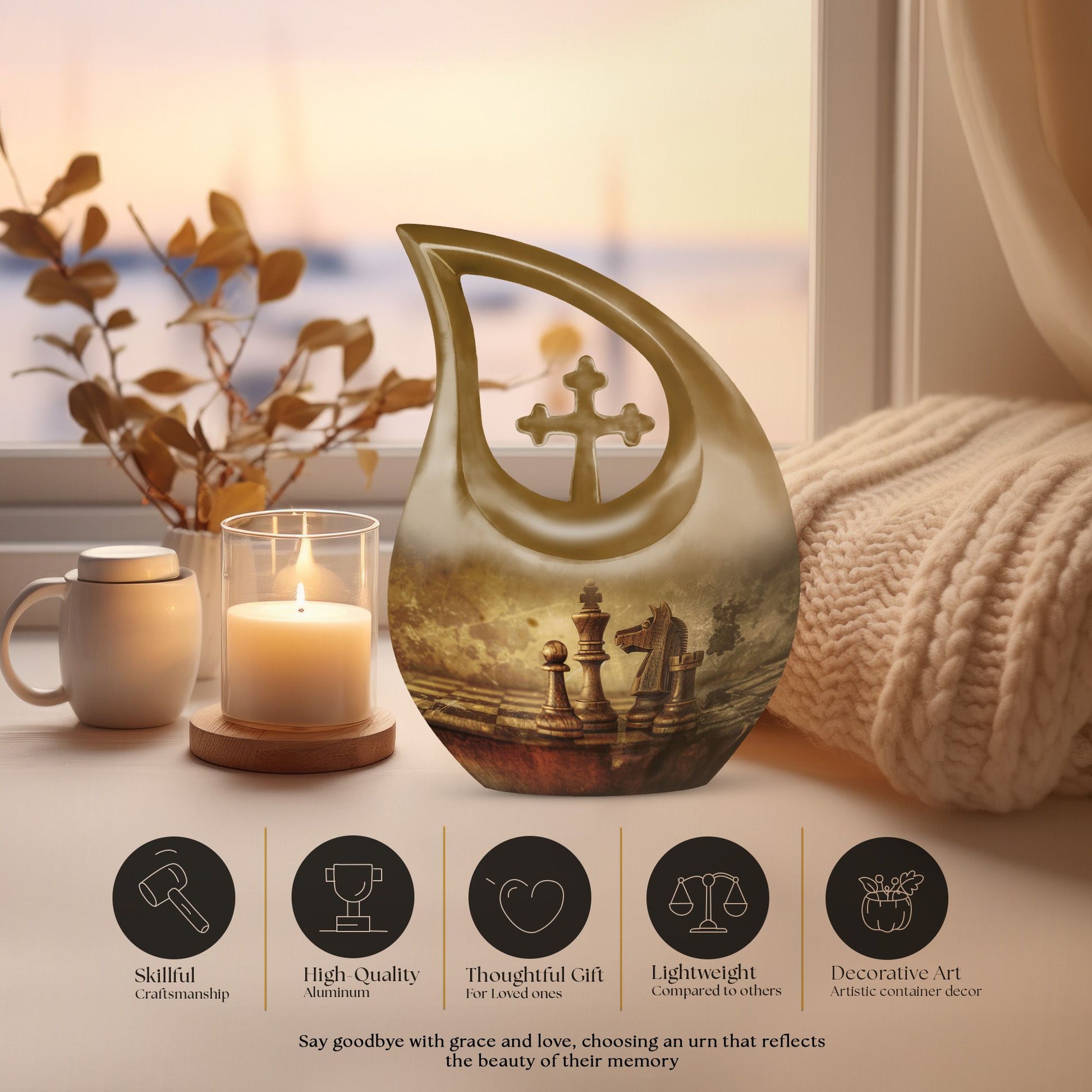 10-inch Chess themed Cross Drop cremation urn