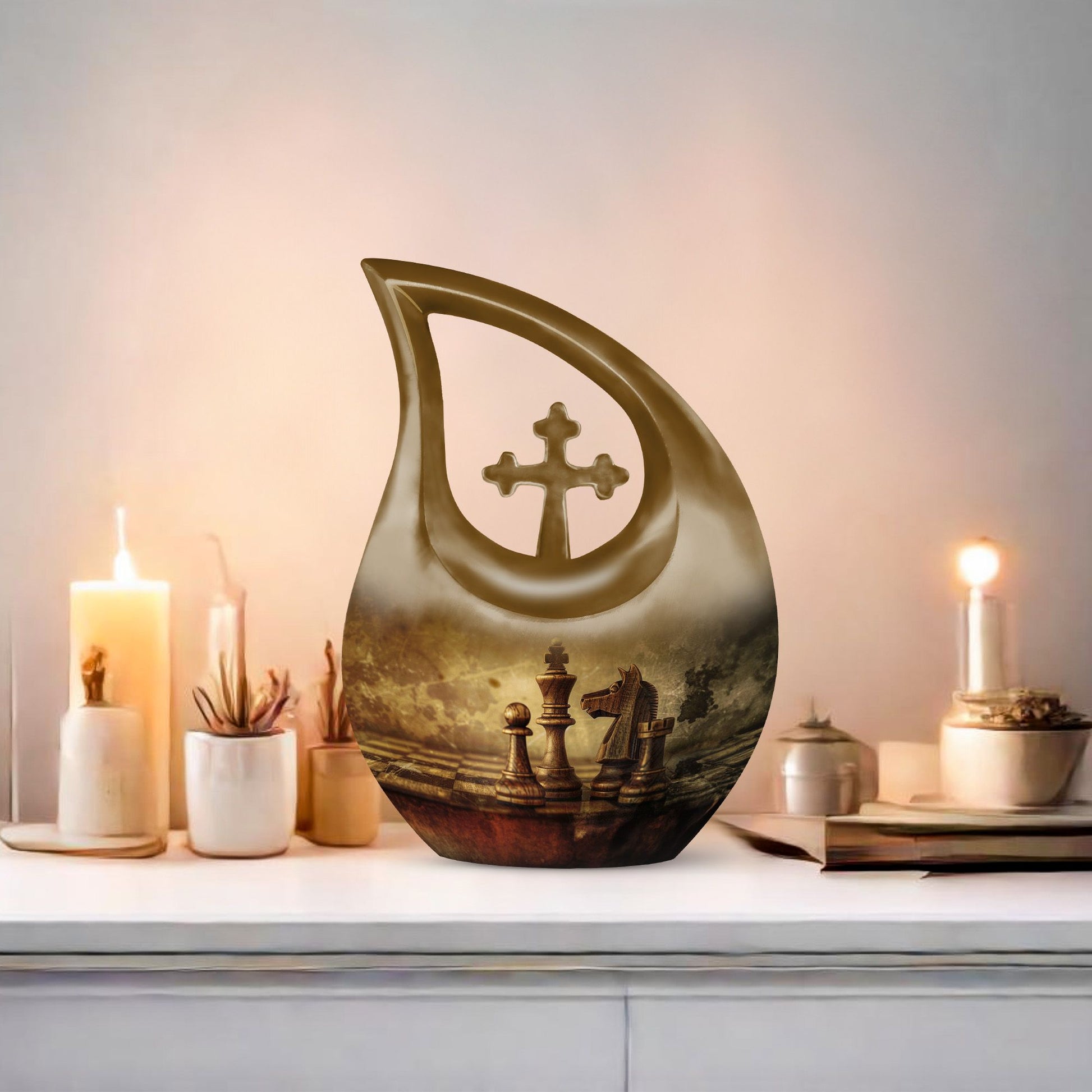 10-inch Chess themed Cross Drop cremation urn