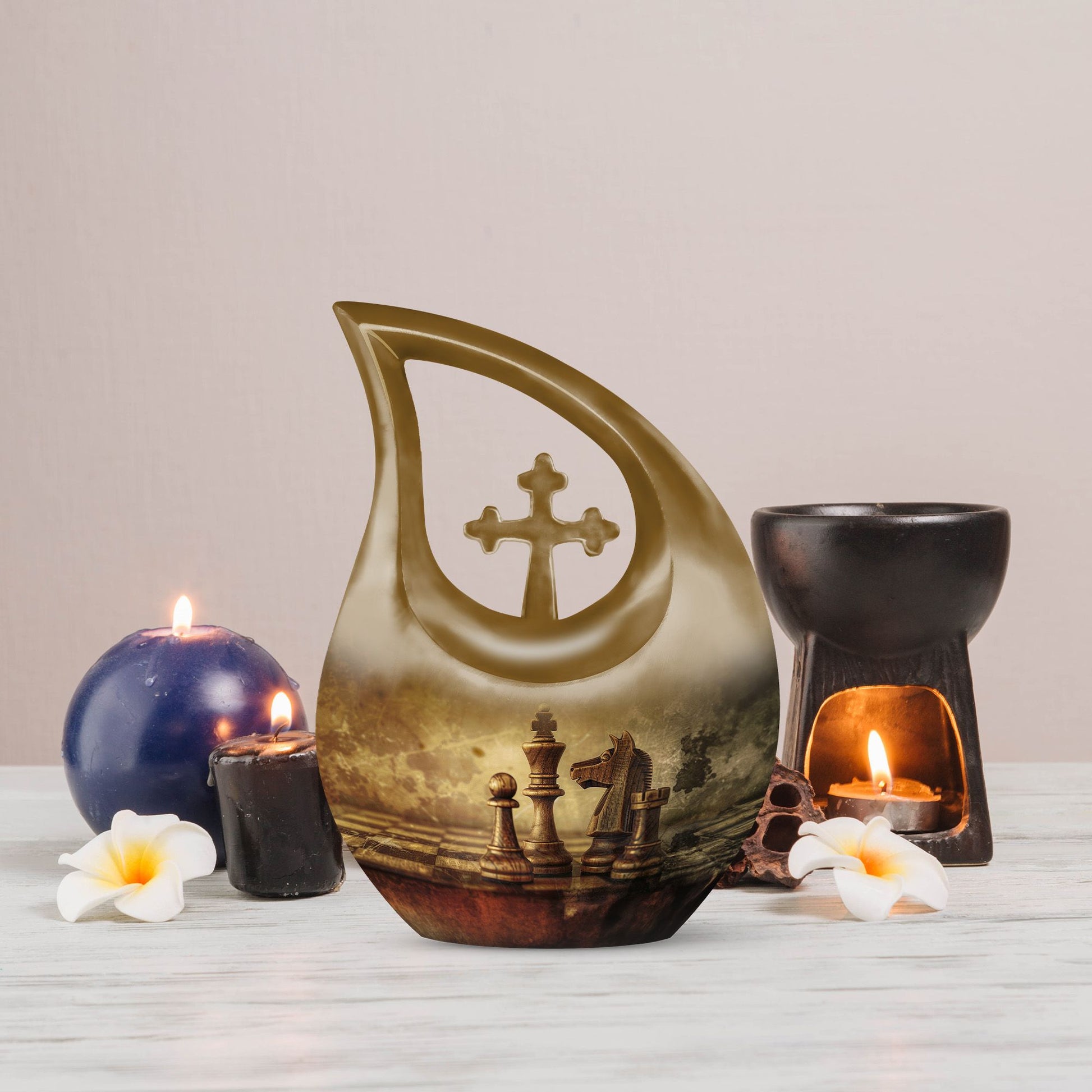 10-inch Chess themed Cross Drop cremation urn