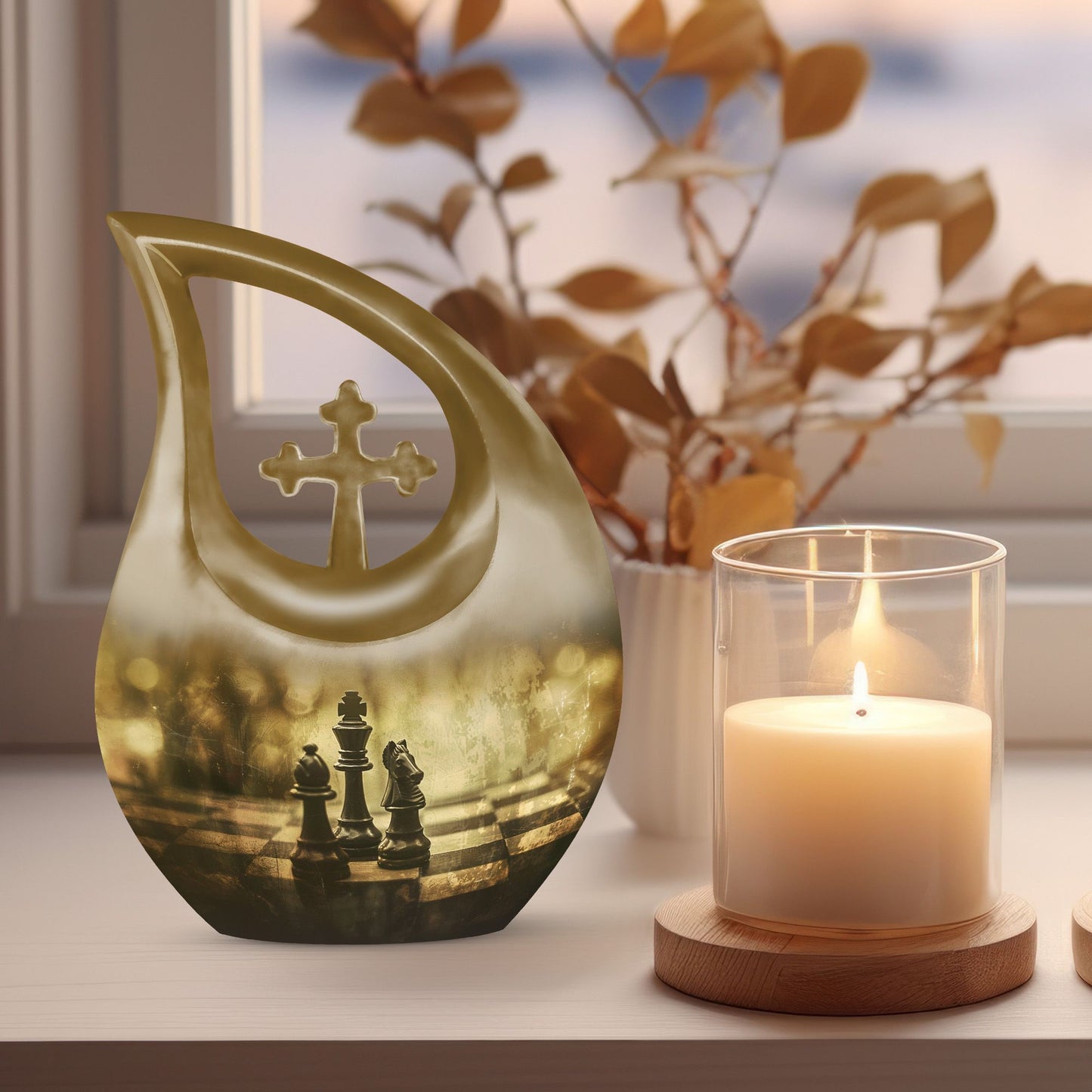 10 Inch Chess-theme Cross Drop Large Urn; Memorial Urn 