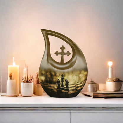 10 Inch Chess-theme Cross Drop Large Urn; Memorial Urn 