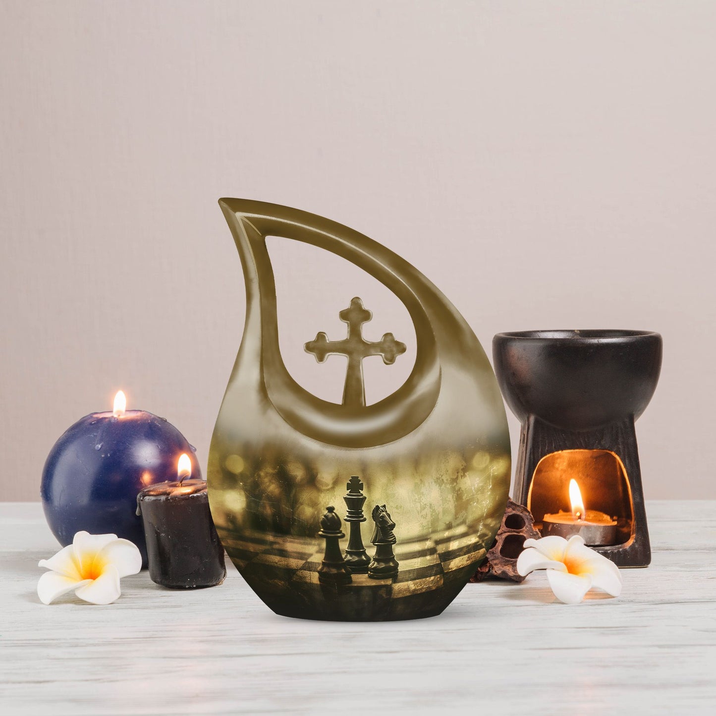 10 Inch Chess-theme Cross Drop Large Urn; Memorial Urn 