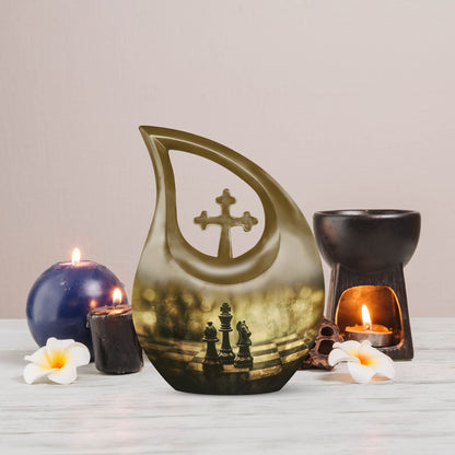10 Inch Chess-theme Cross Drop Large Urn; Memorial Urn 