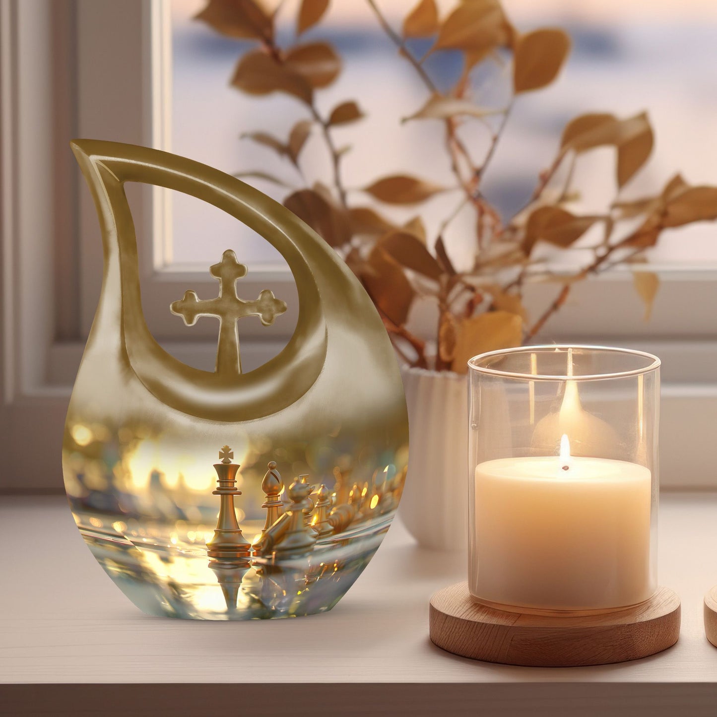 10 inch Chess themed Cross Drop Companion Urn 