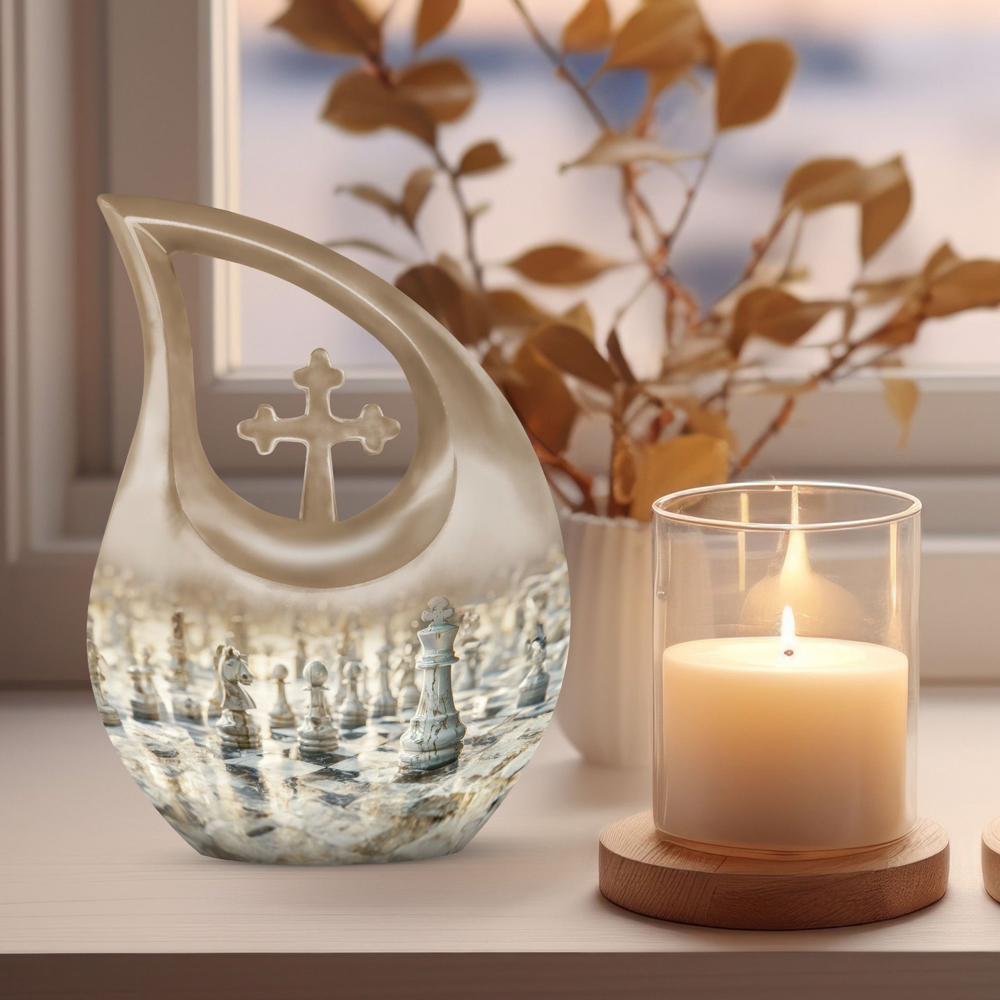 10-inch Chess-themed Cross Drop urn, 