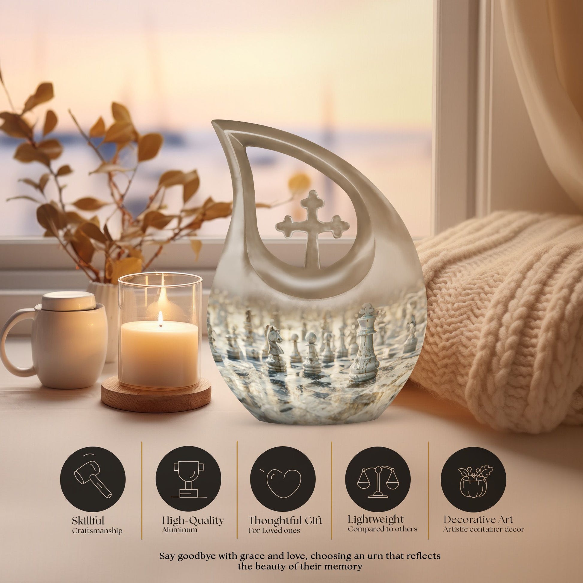 10-inch Chess-themed Cross Drop urn, 