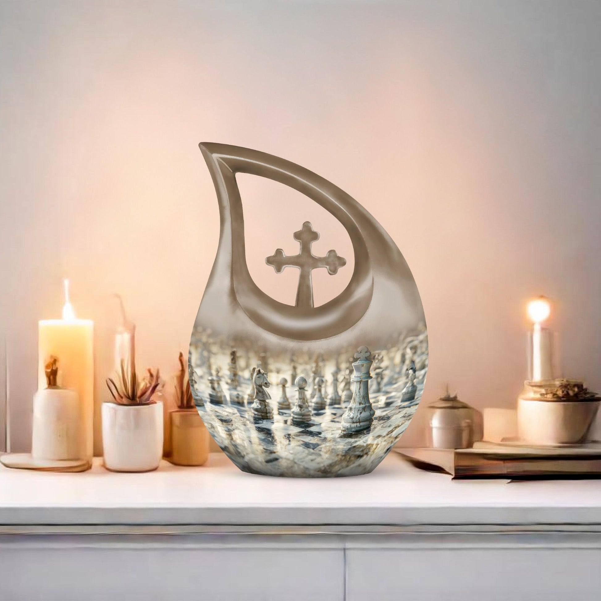 10-inch Chess-themed Cross Drop urn, 