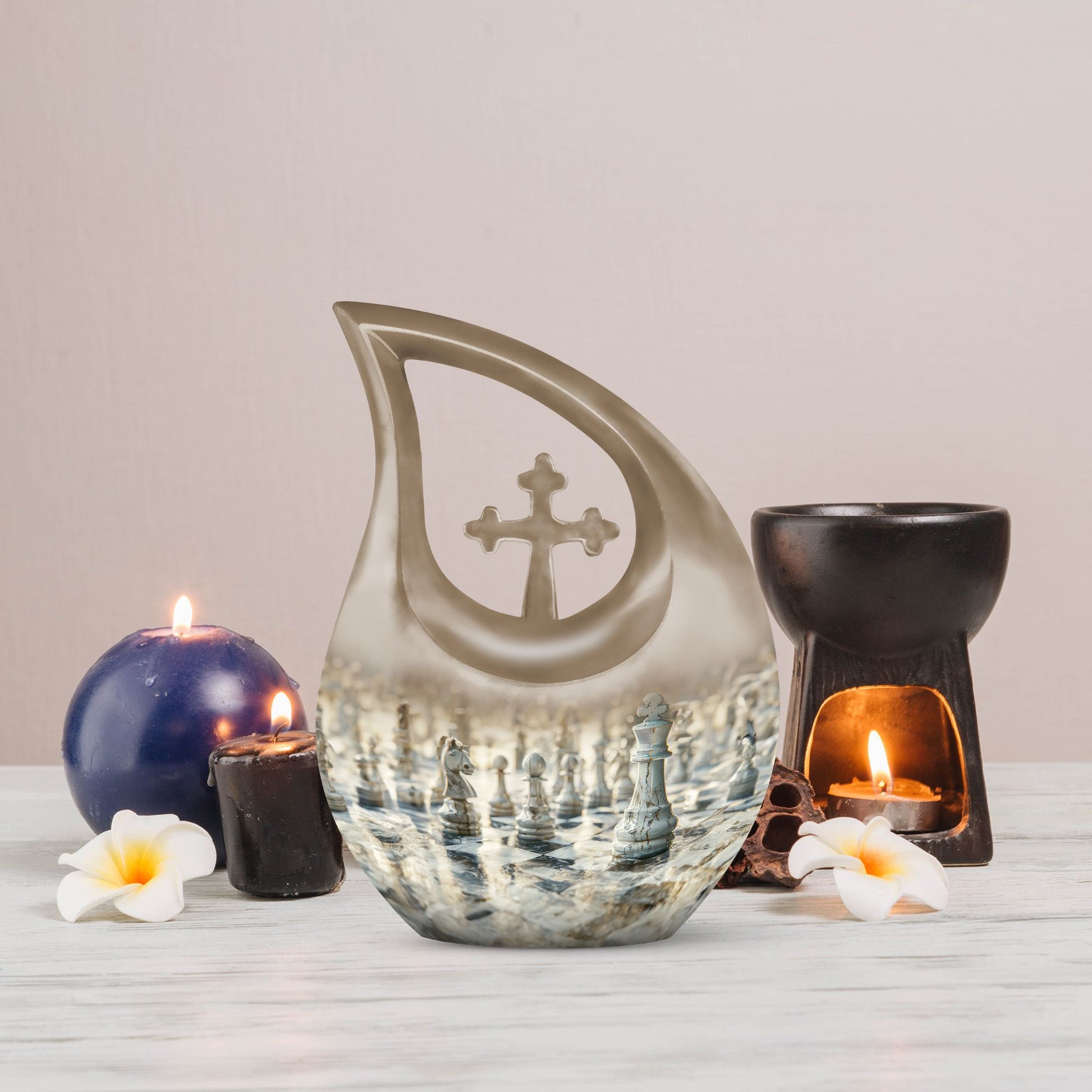 10-inch Chess-themed Cross Drop urn, 