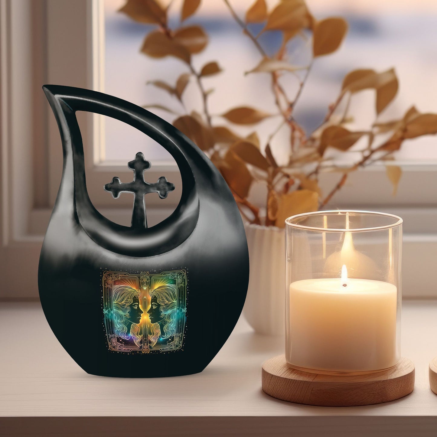 10-inch Zodiac-themed Cross Drop design cremation urn, 