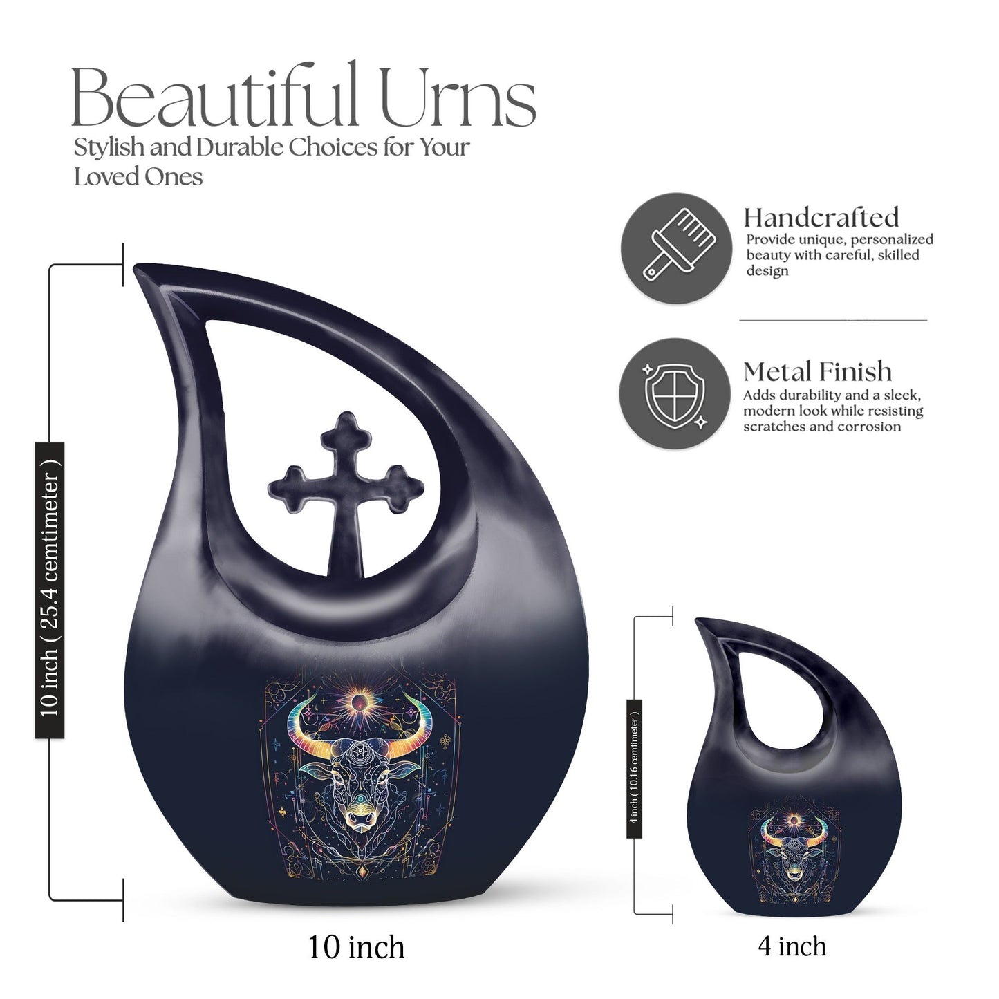 10-inch Zodiac Urn with Cross Drop Design, customizable 