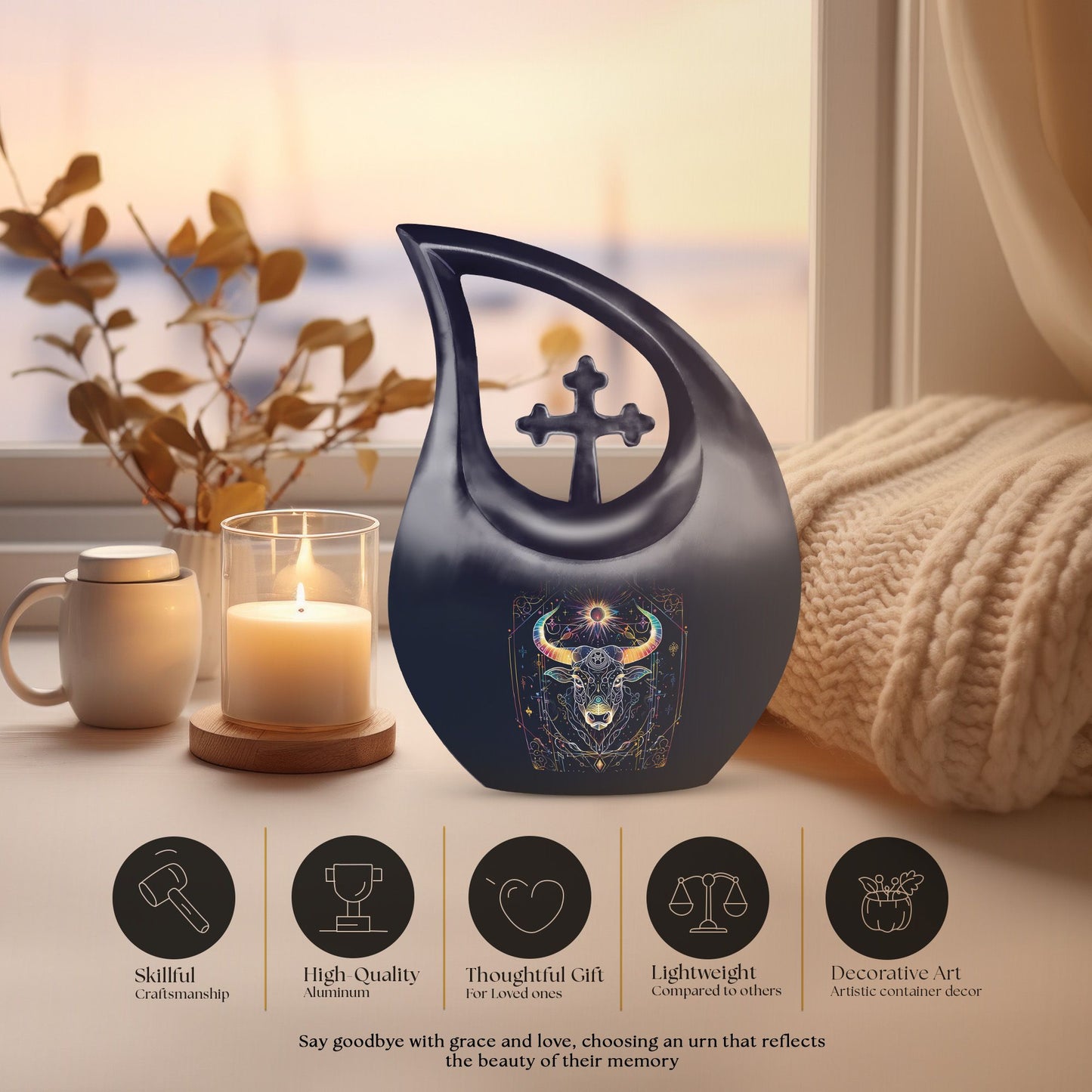 10-inch Zodiac Urn with Cross Drop Design, customizable 