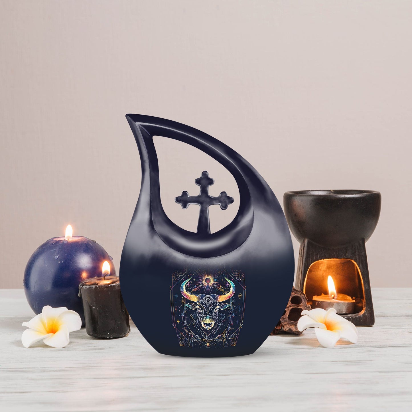 10-inch Zodiac Urn with Cross Drop Design, customizable 