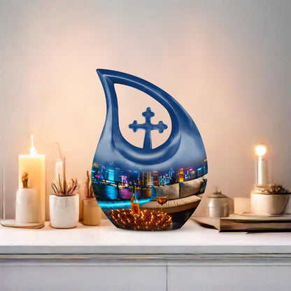 10 Inch Wine Urn with Cross Drop Design, Large Aluminium Memorial Ashes Keepsake