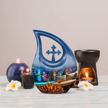 10 Inch Wine Urn with Cross Drop Design, Large Aluminium Memorial Ashes Keepsake