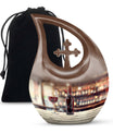 10-inch Wine Urn with Cross Drop design for ashes, customizable, includes velvet pouch