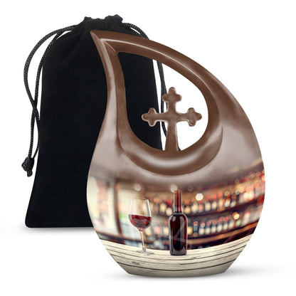 10-inch Wine Urn with Cross Drop design for ashes, customizable, includes velvet pouch