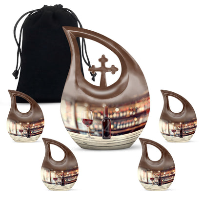 10-inch Wine Urn with Cross Drop design for ashes, customizable, includes velvet pouch